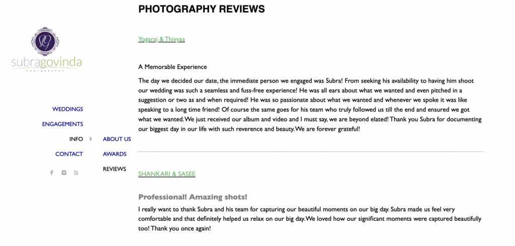 Subragovinda Photography review page showcasing client testimonials and experiences, highlighting wedding photography services.